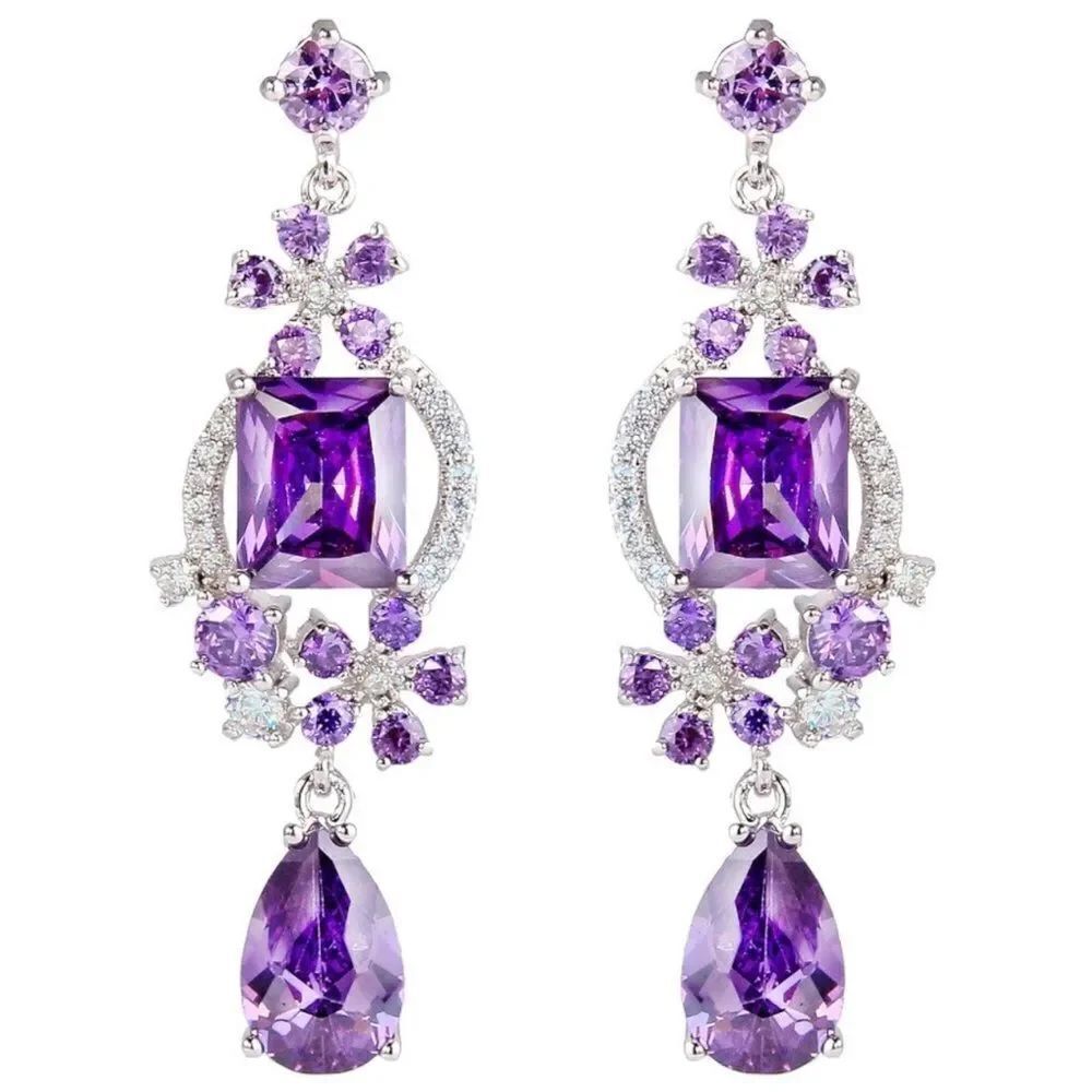 Silver with Purple Amethyst and White Diamond CZ Floral Chandelier Post Earrings